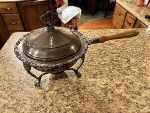 1883 FB ROGERS CHAFFING SILVER PLATED DISH W/ COVER & STAND WITH WOODEN HANDLE